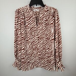 89th + Madison African Zebra Print Ruffle Tie Neck Blouse Medium Brown White NWT